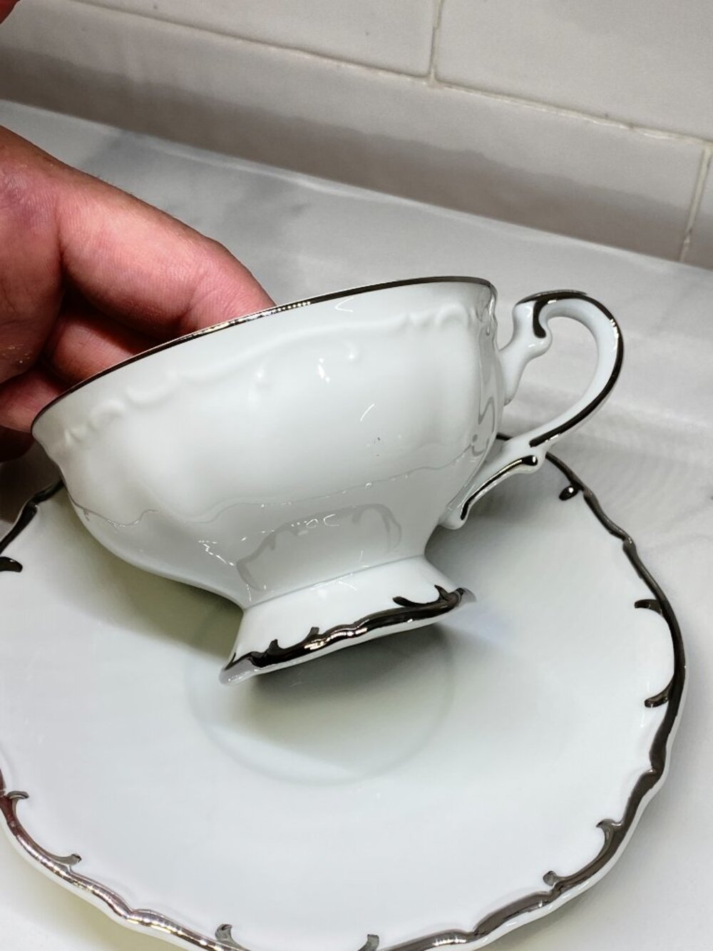 Vintage Bristol Fine China Tea Cup Saucer Set Nativity S-3213 Japan Platinum Tri - Picture 5 of 8